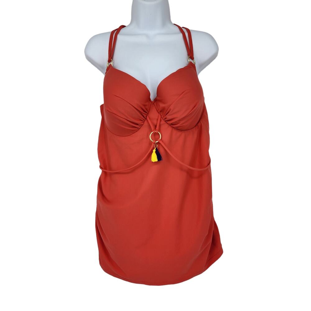Cacique Orange Plunge Criss Cross One Piece Swimsuit Dress Size 44C